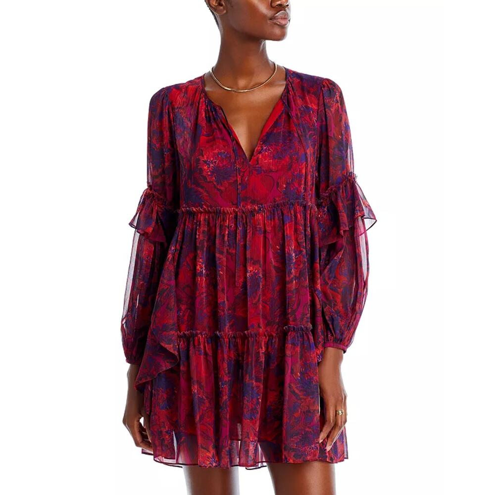 Cinq A Sept Livie Tiered Mini Dress In Dark Red Multi 6 NEW